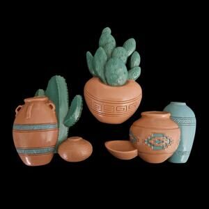 Burwood Southwest Wall Plaques Cactus Pottery Set 1990s Made USA